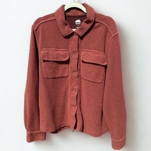 Roots Fleece Shacket Button-Up Sweater Size Large With Pockets in Rust Orange